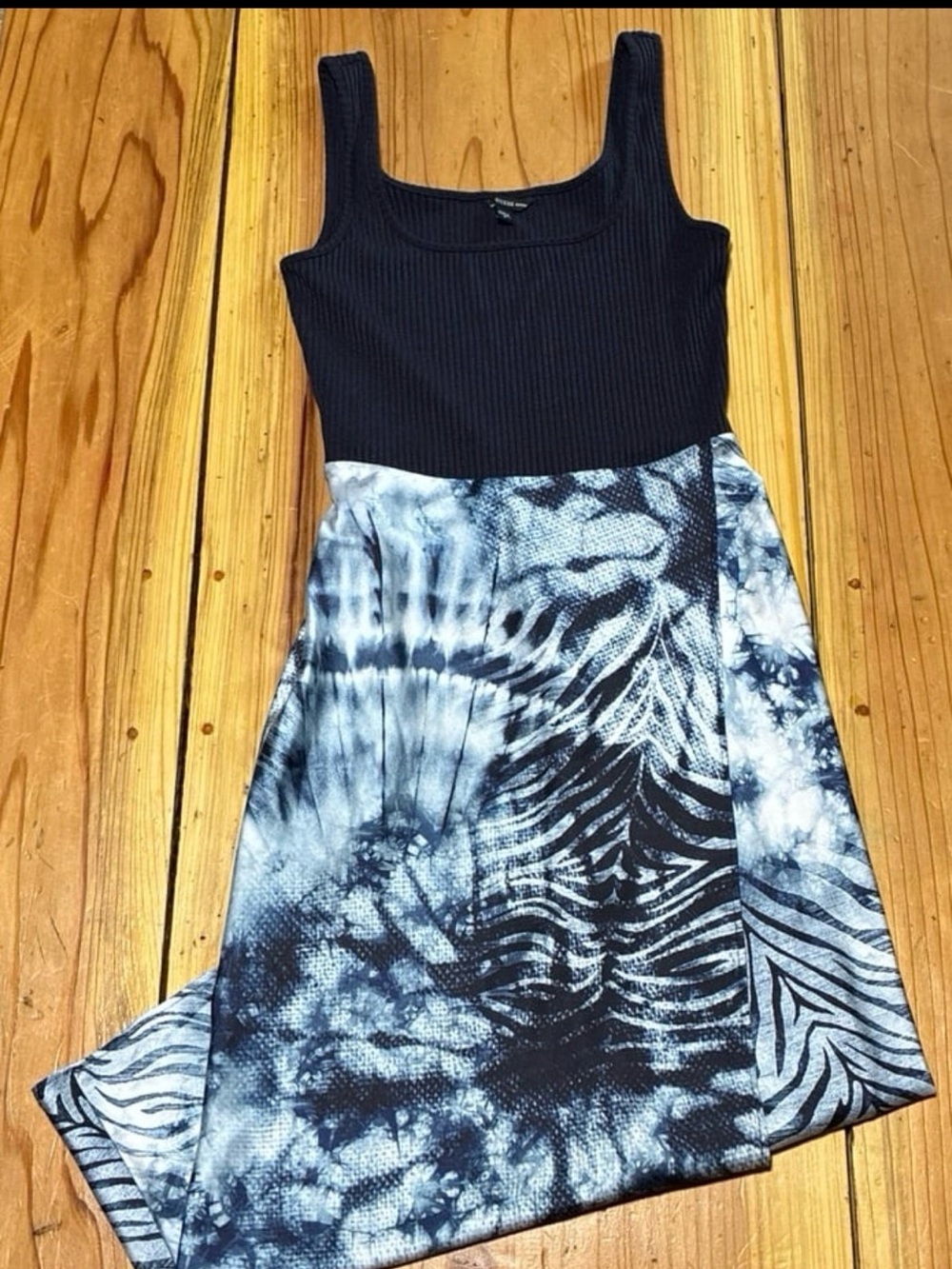 Guess Black Ribbed Bodice with Blue Tie-Dye Midi Dress